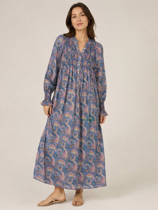 Antik Batik Dresses & Skirts - Antik Batik Blue Paisley Smocked Midi Maxi Dress Women’s XS Boho Long Sleeve